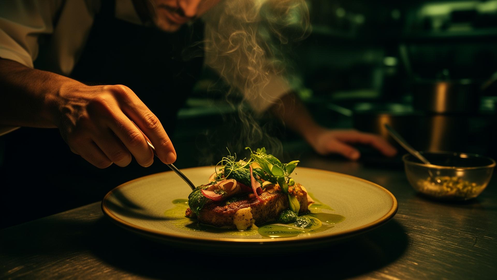 Chef plating a dish in a moody NYC kitchen